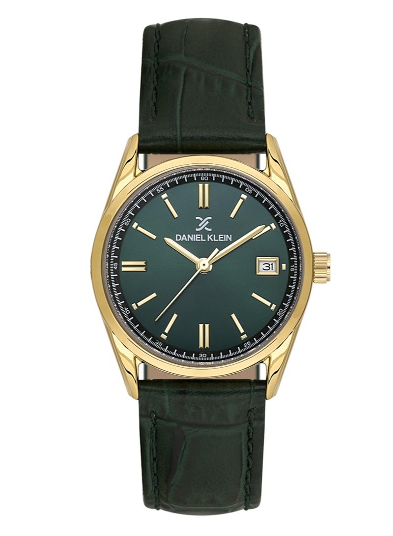 دانيل كلاين ساعة نسائية من الجلد | علبة من سبيكة ذهبية | تناظري | قرص دائري أخضر داكن بنمط شعاعي | كوارتز ياباني | فاخرة | مقاومة للماء حتى عمق 30 مترًا - Image 1